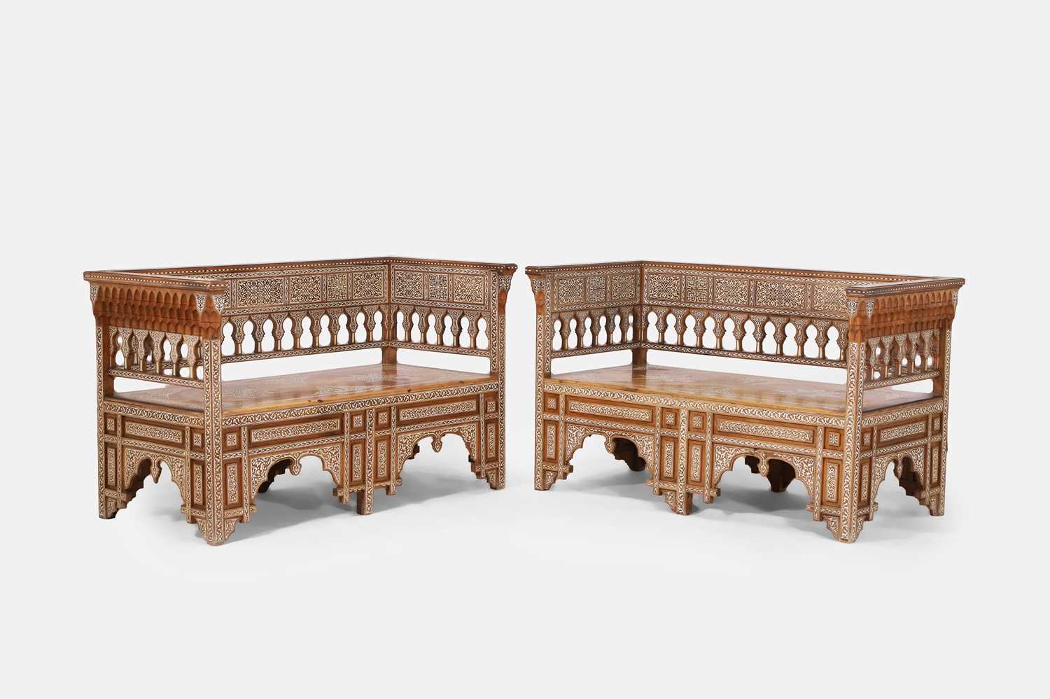 Lot 357 - A pair of hardwood and ivory-inlaid settees