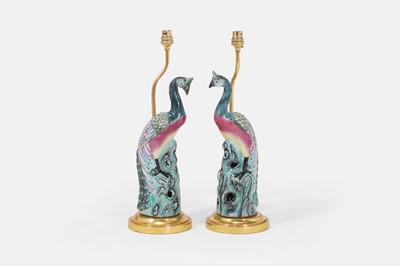 Lot 39 - A pair of export famille rose porcelain 'peacock' lamps