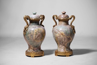 Lot 492 - A pair of Louis XV-style green fluorspar and ormolu vases