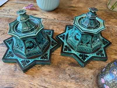 Lot 372 - A pair of Iznik-style glazed earthenware inkwells and covers