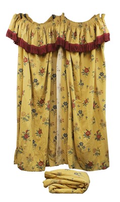 Lot 414 - A pair of mustard and floral embroidered curtains with a pelmet