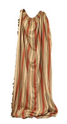Lot 418 - A pair of long and short striped and fringed curtains