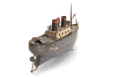 Lot 31 - A tin model gunboat with twin chimneys