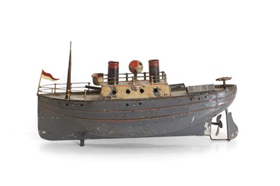 Lot 31 - A tin model gunboat with twin chimneys