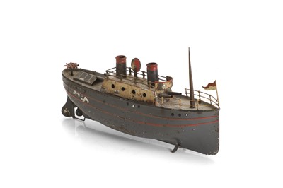Lot 31 - A tin model gunboat with twin chimneys