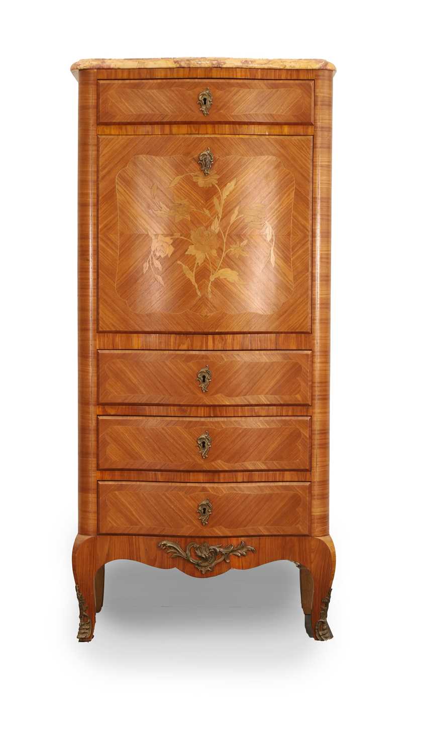 Lot 570 - A French kingwood and tulip wood rouge marble topped escritoire