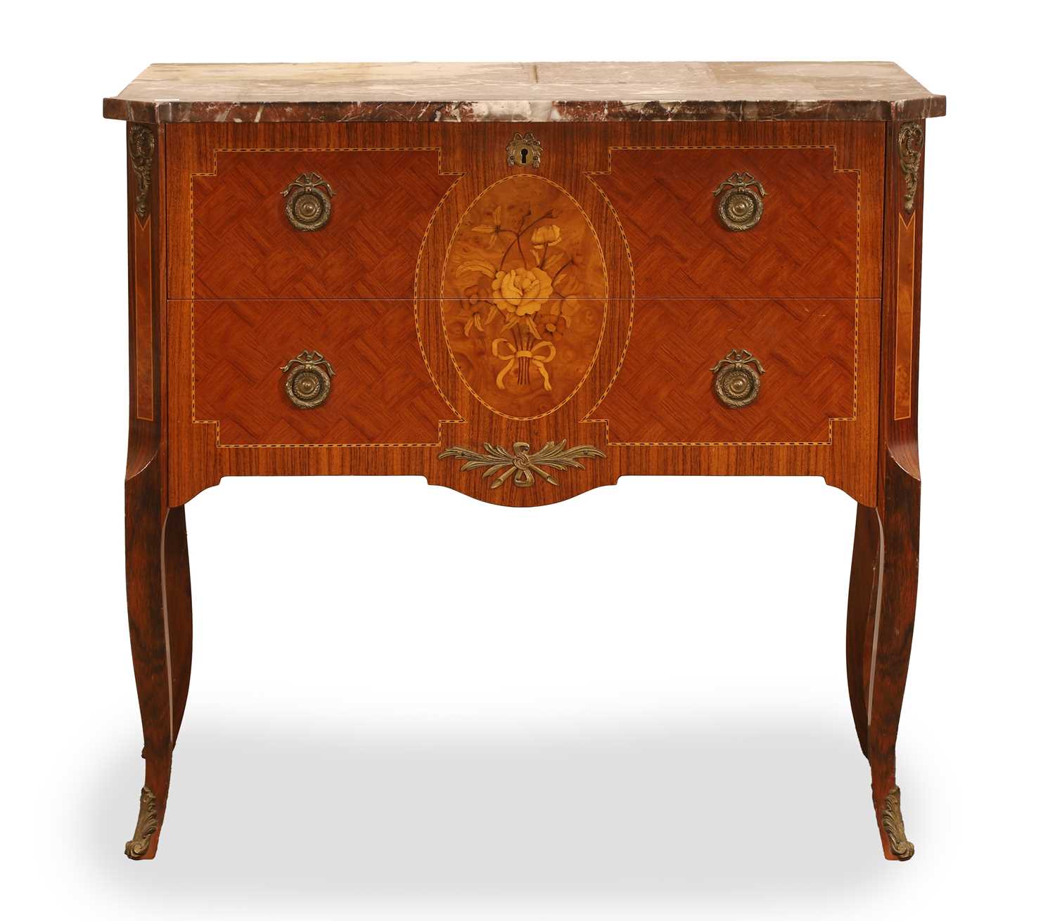 Lot 587 - A Louis XVI style marble top marquetry commode
