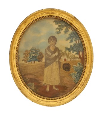 Lot 309 - A silk work needlework study of a girl in a landscape