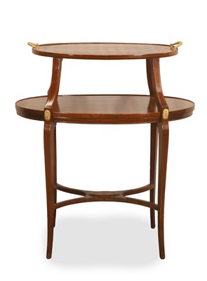 Lot 520 - A mahogany parquetry inlaid two tier étagère