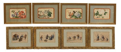 Lot 51 - Two sets of four Chinese pith paper pictures of tradespeople and botanical subjects