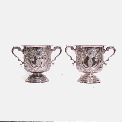 Lot 172 - An unusual pair of plated Britannia metal 'Cruft's Dog Show' trumpet vases
