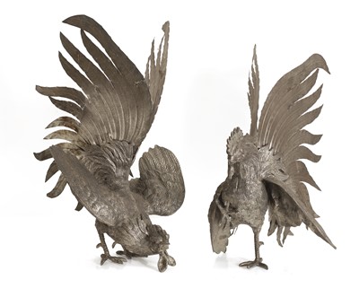 Lot 345A - A pair of large silvered metal fighting cocks