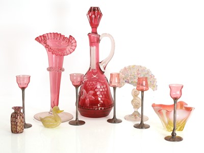 Lot 154 - A Victorian cranberry and clear glass epergne