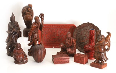 Lot 60 - A collection of Chinese cinnabar lacquer and carved wood items