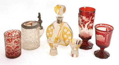 Lot 155 - Two Bohemian ruby and clear glass goblets and a beaker