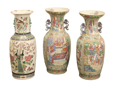 Lot 57 - A pair of Chinese Canton famille rose twin-handled vases