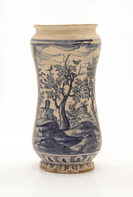 Lot 102 - A blue and white tin glazed albarello drug jar