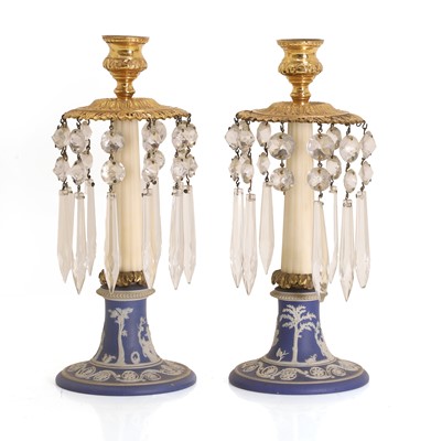 Lot 105 - A pair of Wedgwood jasperware, gilt lacquered brass and glass lustres