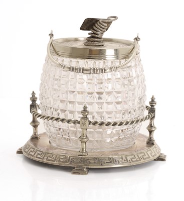 Lot 4 - A Edwardian silver plated and glass biscuit barrel
