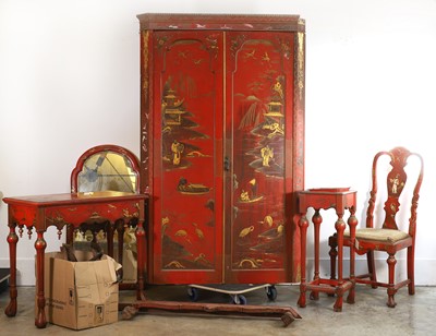 Lot 530 - A japanned red chinoserie suite