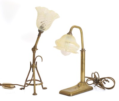 Lot 478 - An Arts & Crafts brass and opalescent glass lamp