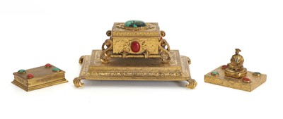 Lot 326 - A chinoiserie decorated brass desk set